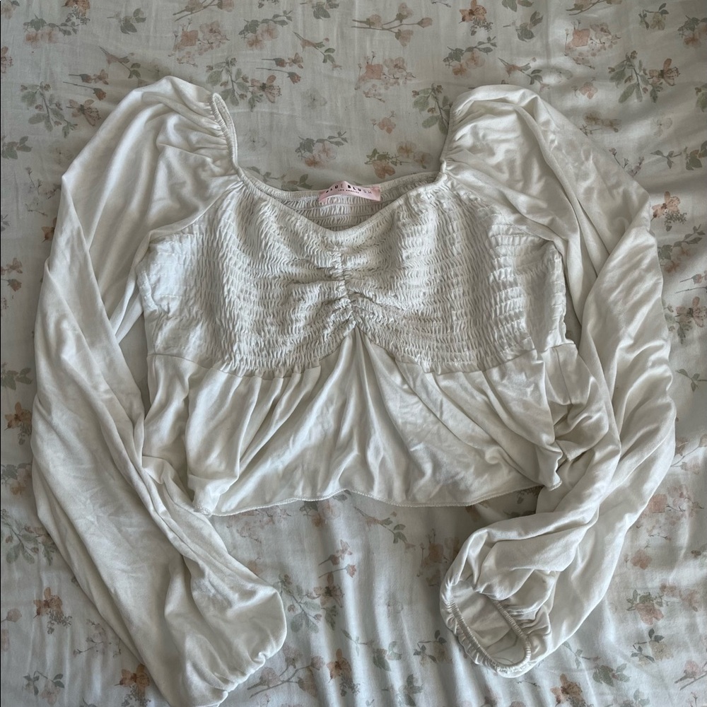 Blue blush , white long sleeve top, size: medium